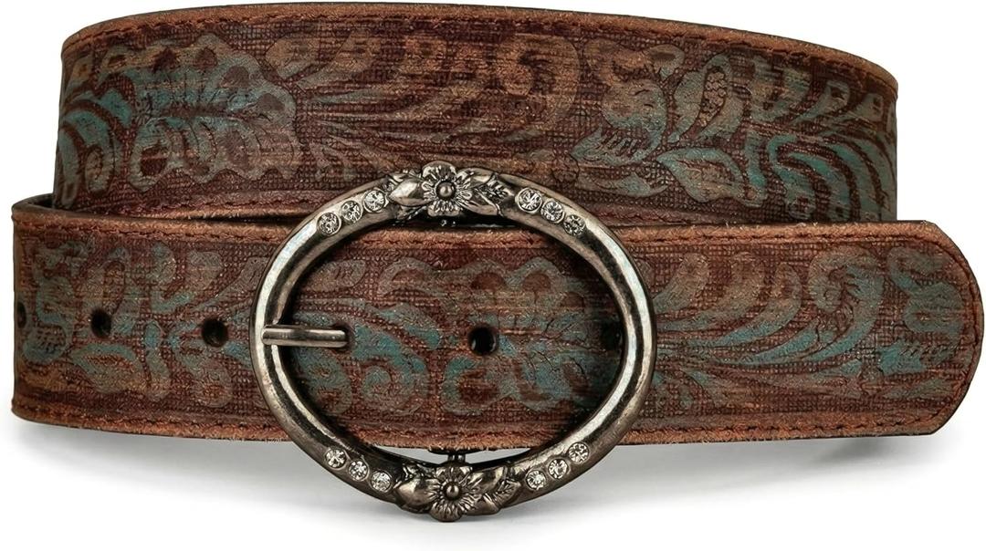 BC Belts Distressed and Embossed Brown Teal Leather Belt with Rhinestone Ring Buckle - Vintage Western Style for Women (Medium (30-32" Waist))