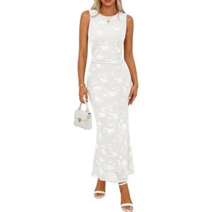 MEROKEETY Women's Summer Wedding Guest Maxi Dress 2026 Sleeveless Floral Bodycon Mesh Cocktail Formal Party Long Dresses, Small