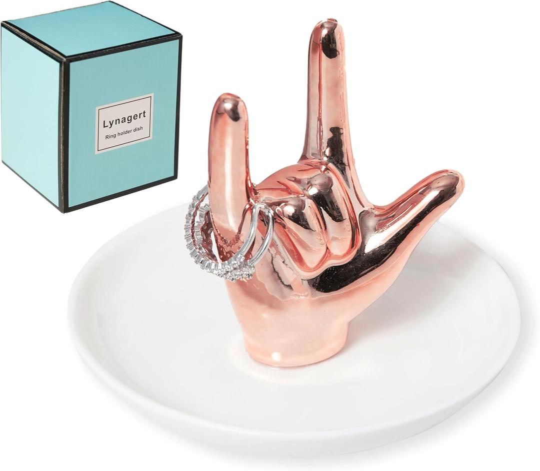 Lynagert I LOVE YOU Hand Ring Holder - Ceramic Jewelry Holder Dish Trinket Tray for Rings, Earrings, Necklace Organizer, Engagement & Wedding Ring Holder, Christmas & Birthday Gifts (Rose Gold)