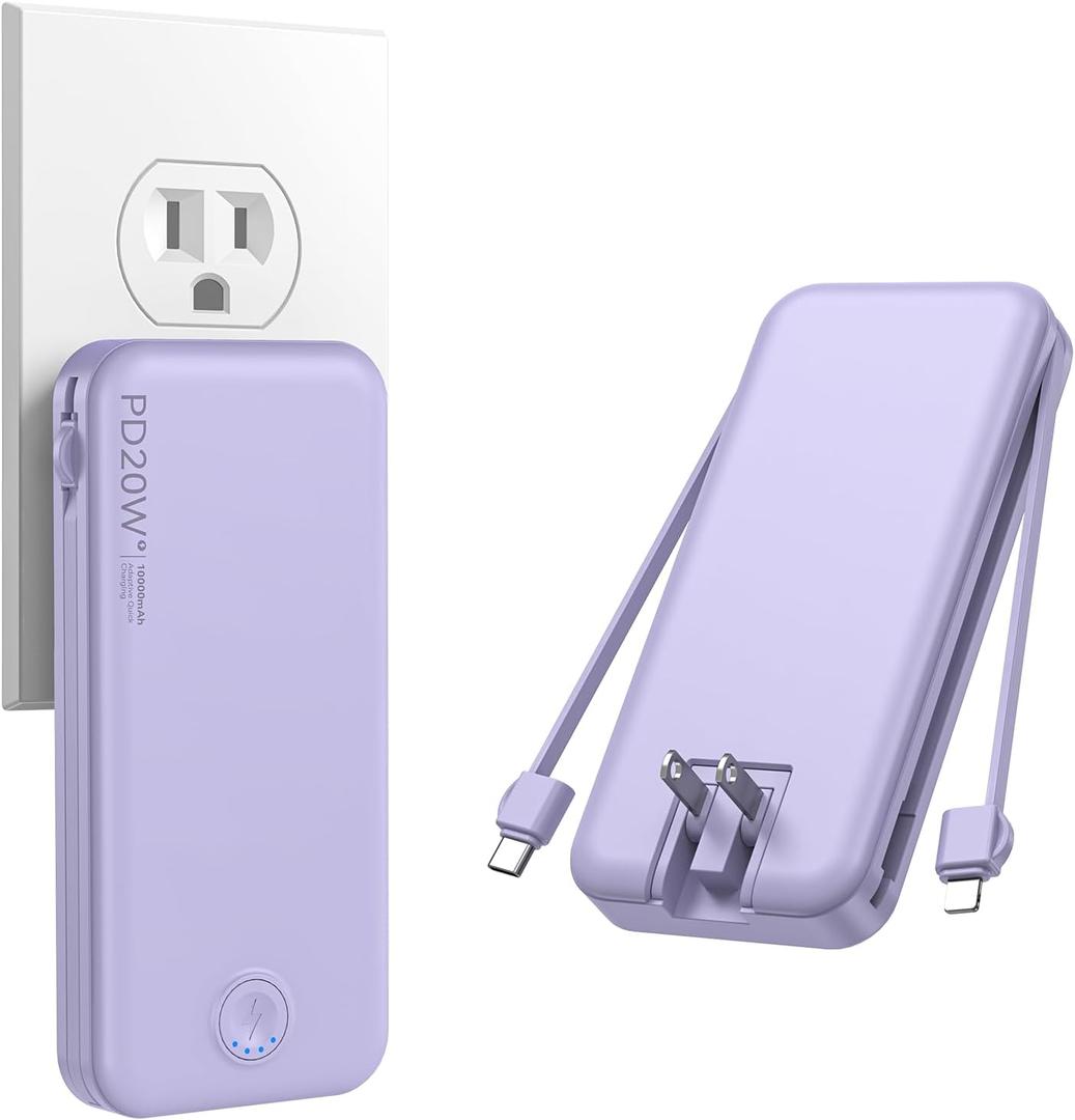 Nusyddy Portable Charger, 10000mAh PD20W Fast Charging Power Bank with Built-in Cables & Wall Plug, Travel Essential External Battery Pack, USB C Battery Phone Charger for iPhone, iPad, Samsung Purple