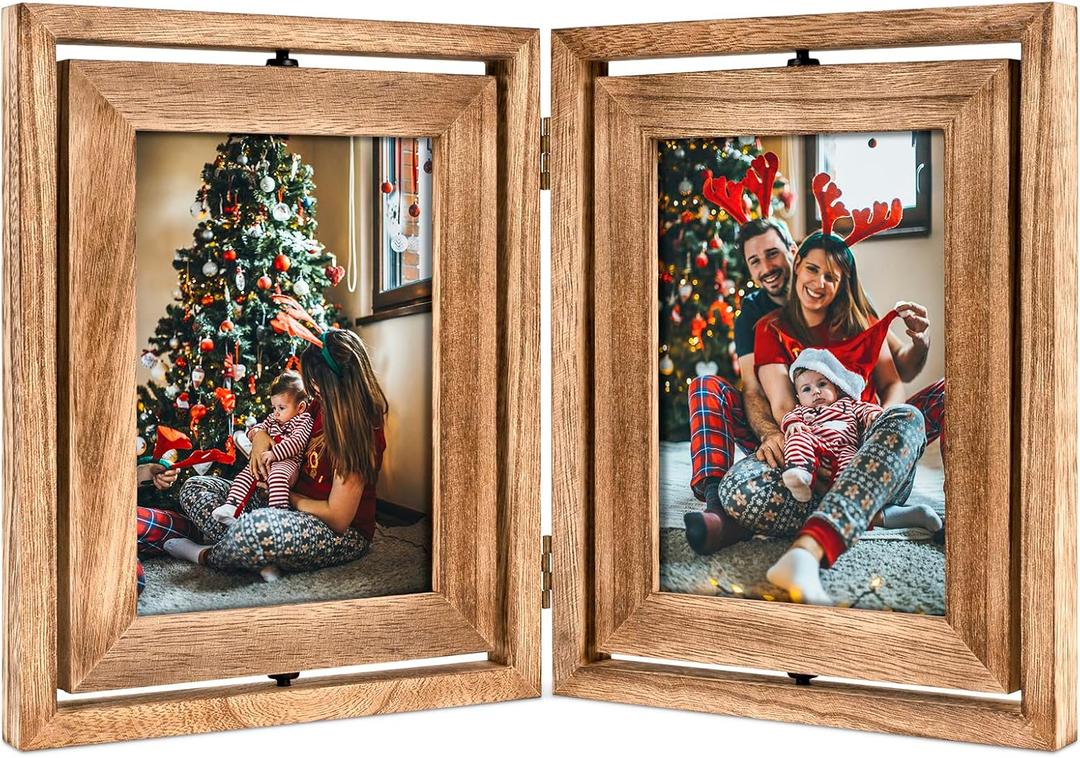 Emfogo 5x7 Picture Frame Rustic Wood Hinged Folding Double Photo Frame, Double Sided Display Rotatable High Definition Glass Collage Picture Frames Vertically on TableTop (Carbonized Black)