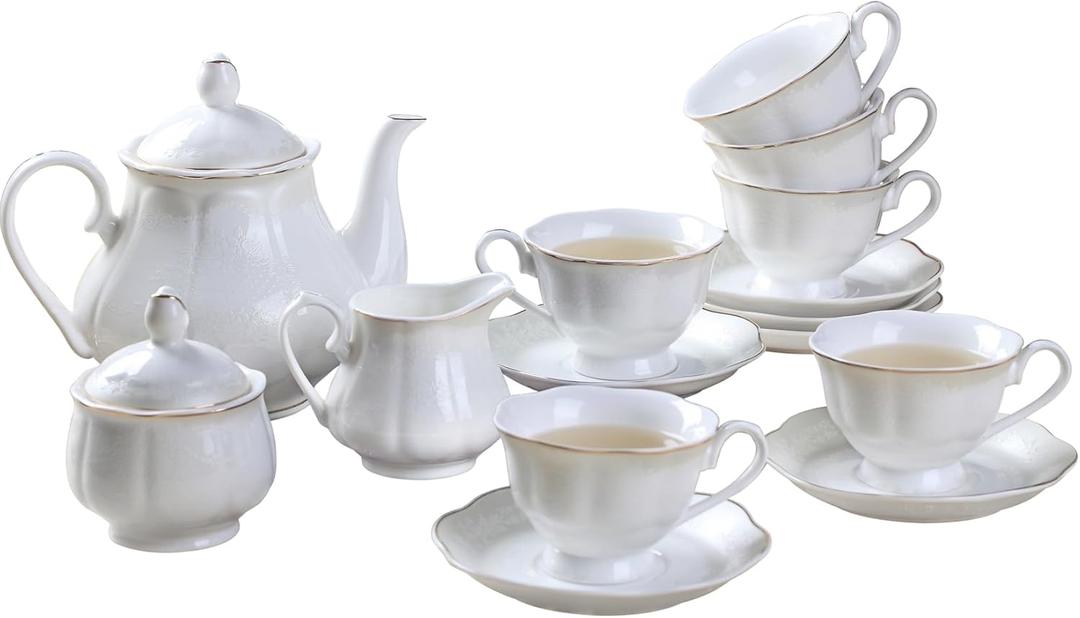 GuangYang 15-pcs Porcelain Tea sets for Adults, Off White Embossed Pattern with Gold Trim (A set Included 1 Teapot, 1 Sugar Bowl, 1 Cream Pitcher, 6 Cups and 6 Saucers), 7 Ounce, 200 ml