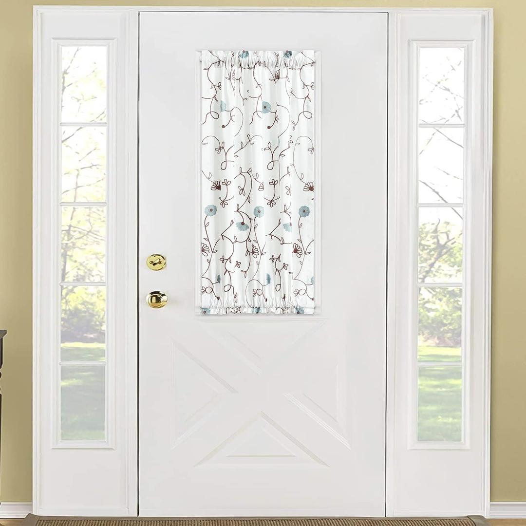 VOGOL Sidelight Curtains for Front Door, 40 Inches Long Short Linen Textured French Door Panels, Blue Flowers Embroidery Design for Entry Door, 1 Piece, Rod Pocket