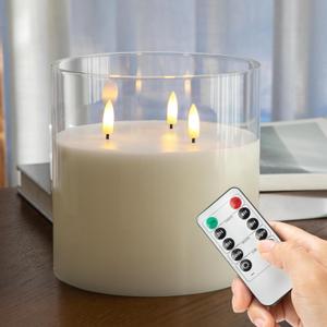 Extra Large Flameless Candles with 3 Wicks, 6"x6" Glass Battery Operated Candles with Remote, Real Wax Flickering LED Candles Fake Candle for Home, Wedding, Party, Clear