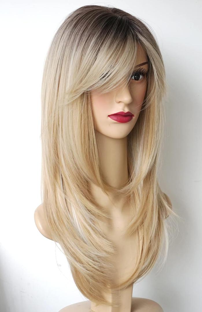 Long Layered Shoulder Length Blonde with white highlight wig Synthetic Hair Multicolor Wigs for White Women (Blonde with White Highlight)