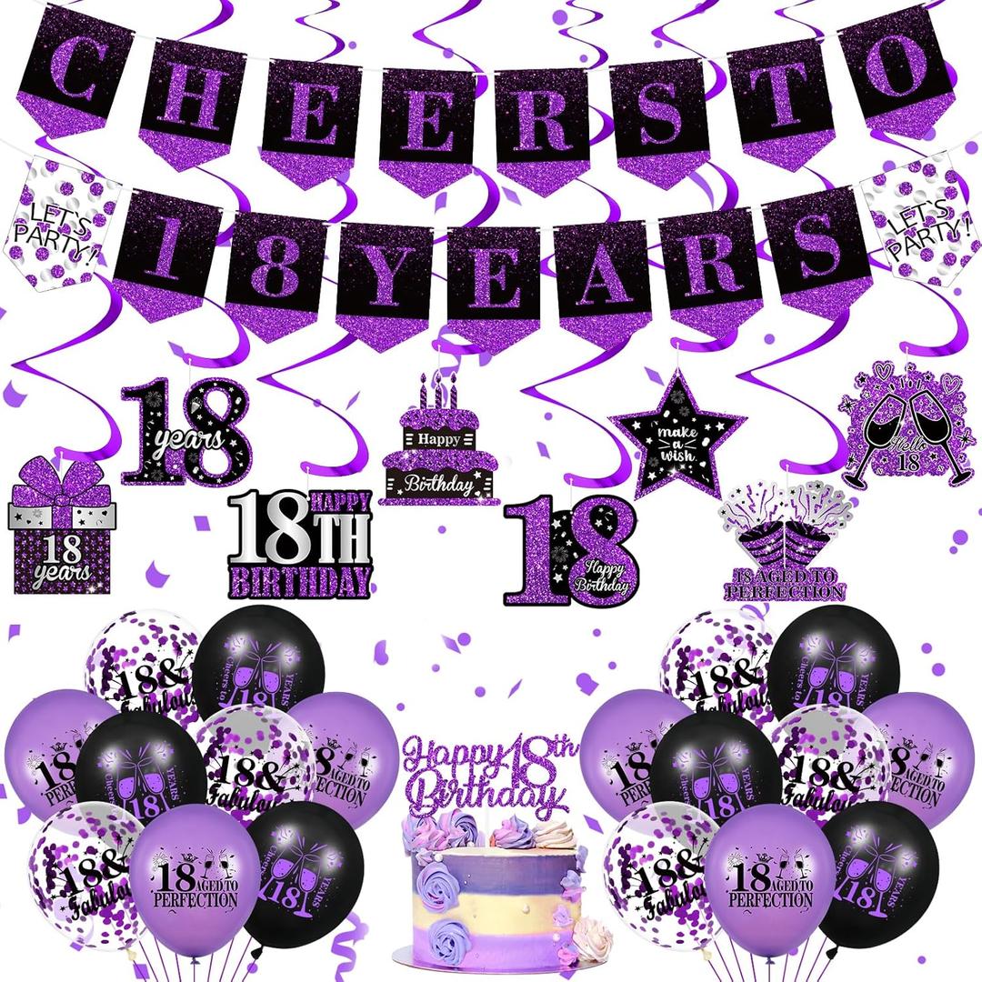 Purple 18th Birthday Decorations for Girls Boys Purple Black 18th Birthday Banner Hanging Swirls Balloons Bday Cake Topper for Cheer to 18 Years Party Supplies