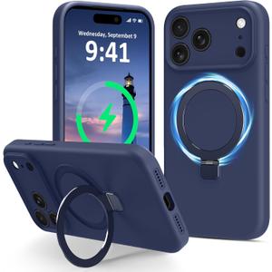Compatible with iPhone 17 Pro Max Case Stand, Slim Liquid Silicone Phone Case Fit for iPhone 17 Pro Max Compatible with MagSafe Magnetic Ring Kickstand Case Full Camera Protection, Dark Blue