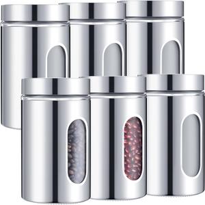 Mimorou 6 Pack Kitchen Canisters Set Airtight Coffee Sugar Tea Candy Storage Jars with Window Glass Stainless Steel Containers with Lids for Flour Cookies Spices Grains Kitchen Decorations(32 oz)