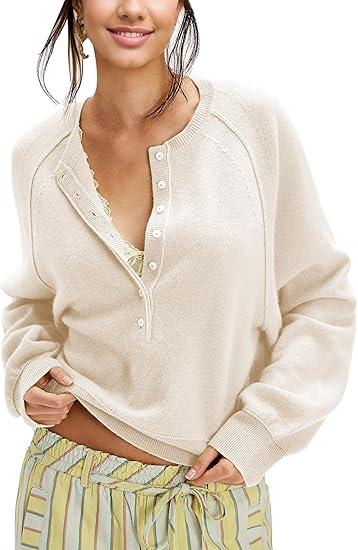 Henley Pullover Sweaters for Women Spring Button Long Sleeve Dressy Casual Loose Cozy Knit Tops Trendy Outfits Size, Large