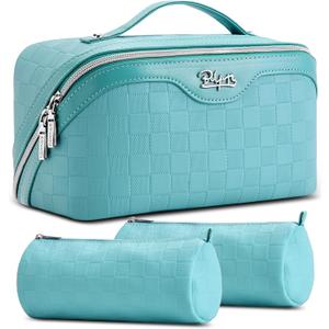 BOYATU Checkered Travel Makeup Bags: Vacation-Ready Light Blue Large Capacity Cosmetic Bag for Women - 3 Pcs Set Toiletry Organizer with Waterproof Leather - Easy to Clean Beach Trip Essential