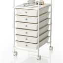 6-Tier Utility Cart with 6 Drawers, Rolling Utility Cart with 2 Lockable Caster Wheels, Multipurpose Mobile Rolling Drawer Cart for Office Bathroom Kitchen, Ivory White