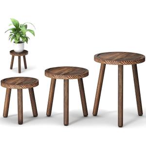 Vecxoty 3-Pack Wood Plant Stands Indoor, Single Plant Stand for 6-12 Inch Pots, Mid-Century Modern Plant Stool, Tall Plant Stand for Large Plants Perfect Fit for Living Room, Balcony, Office (heavy burnt color)