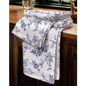 Waffle Cotton Kitchen Towels Set of 2, 16x26 Inch Waffle Weave Dish Cloths with Hanging Loop Absorbent Reusable Hand Tea Towels Cute Design Home Decorative Housewarming, White Blue Flower