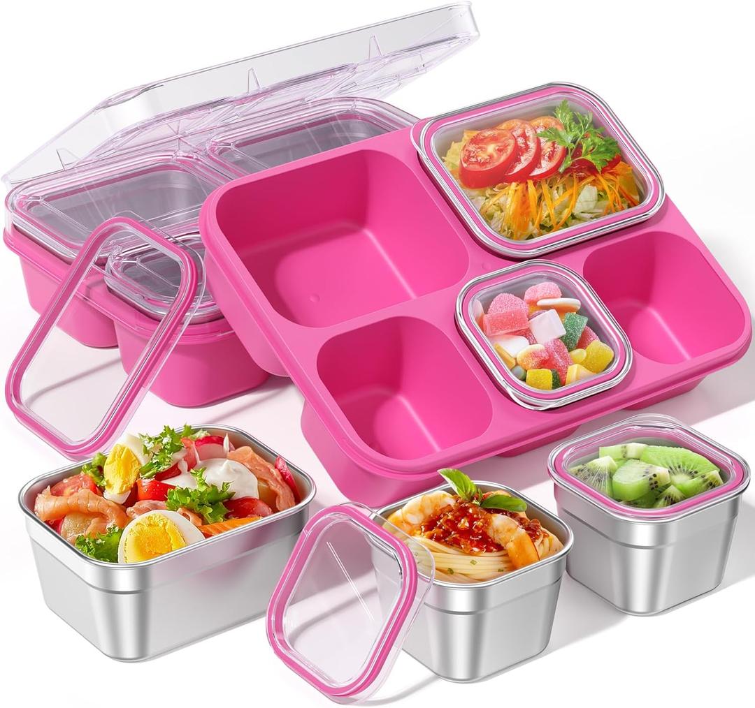 BiuLeon Snackle Box Containers, Stainless Steel 5 Compartments Divided Serving Tray with Lid, Removable LeakProof Portable Bento Box for Fruit Candy Nuts Food - School, Picnic and TravelPink