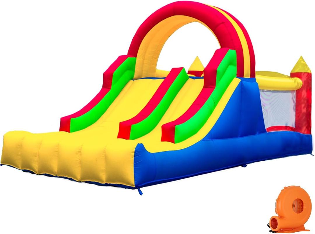 HuaKastro 16x7.2FT Inflatable Bounce House with 2 Racing Slides & Large Climbing Wall, 3 in 1 Kids Inflatable Trampoline Rainbow Jumping Castle Kids Backyard Playgrounds - with Air Blower