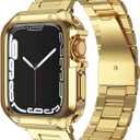 Compatible with Apple Watch Band and Case, Stainless Steel Metal Chain with TPU Cover, Smart-Watch Link Bracelet Strap, Wrist-Band for i-Watch Series 9 8 7 6 5 4 3 2 1 SE, 45mm 44mm 42mm, Gold