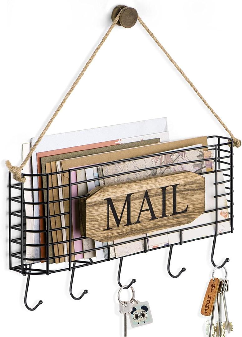 SRIWATANA Mail Holder, Rustic Mail Organizer Wall Mount Hanging Mail Sorter Letter Basket with 5 Key Holder for Wall, Large, Carbonized Black
