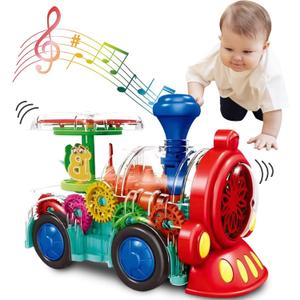 Transparent Sensory Train Toy -Interactive Light up Toys for Kids- Musical Train Toys with LED Light for Toddlers- Colorful Moving Gears- Tummy Time Crawling Baby Toy