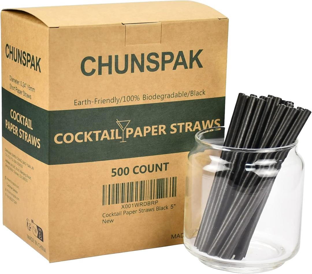 Paper Cocktail Straws 5 inch - 500 ct. Biodegradable Small Black Paper Drinking Straws Bulk for Short Drinks, Restaurant, Bar, Food Services