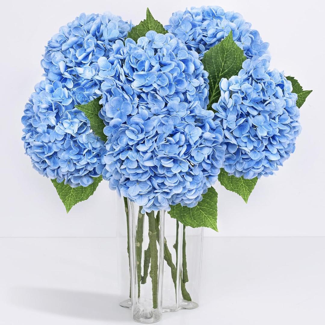 6 Pcs Real Touch Hydrangea Artificial Flowers, 21" Blue Full Faux Hydrangea Flowers Latex Fake Flowers for Home Decor Party Floral Arrangements Wedding Bouquets Centerpieces Outdoor Decor