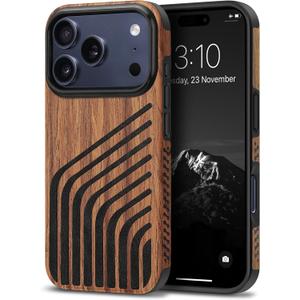 TENDLIN Compatible with iPhone 17 Pro Case Wood Grain with Carbon Fiber Texture Design Leather Hybrid Slim Case (Hairline)