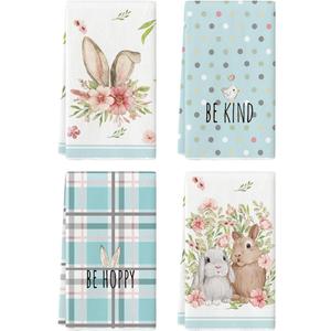 Artoid Mode Light Blue Stripe Polka dots Rabbit Bunny Easter Kitchen Towels Dish Towels, 18x26 Inch Seasonal Spring Decoration Cleaning Set of 4