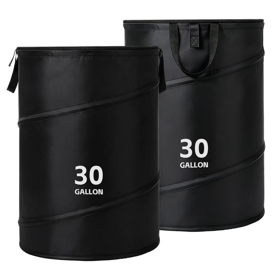 2 Pack Collapsible Pop up Trash Cans for Camping 30-Gallon Garbage Can Portable Reusable Garbage Waste Bin with Zippered Lid and Bag Clips for Camping, Travel, Rv and Outdoor Use