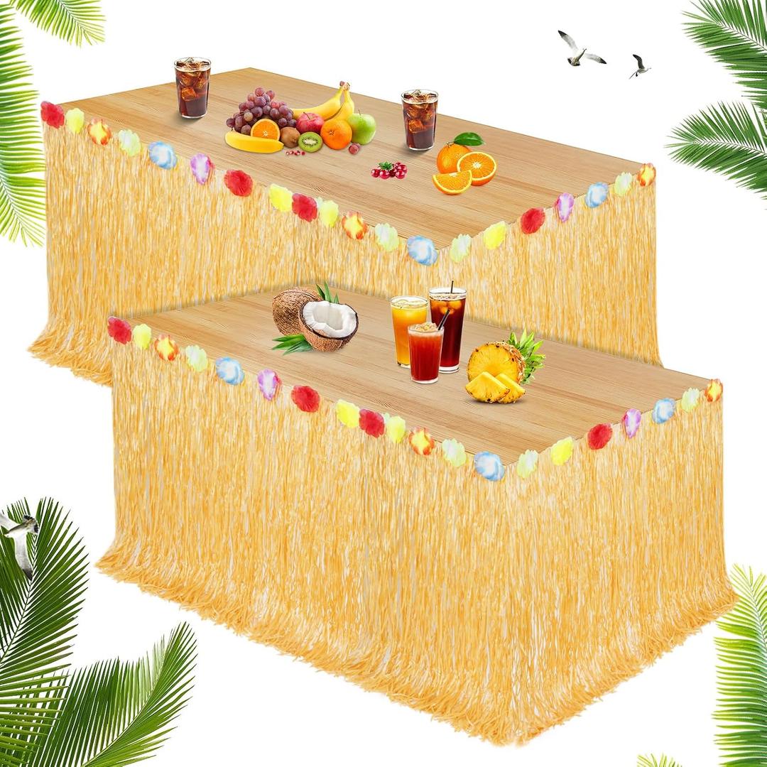 Aomig Hawaiian Luau Table Skirts, 2 Pieces Hawaiian Party Decoration, Tropical Birthday Decoration with Multicoloured Flowers for Hawaiian Themed Parties (275cmx75cm)