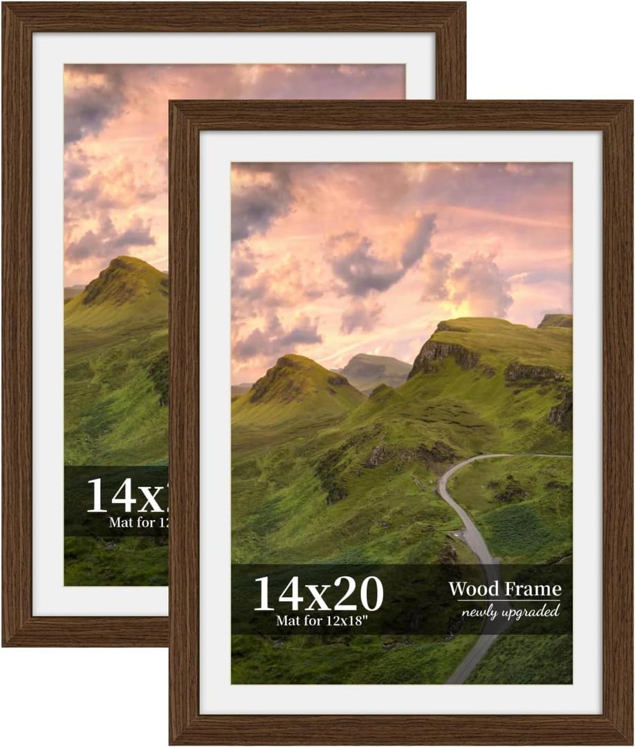 14x20 Picture Frame Set of 2, Wood Frame with Real Glass, Wide Border, 14X20 in