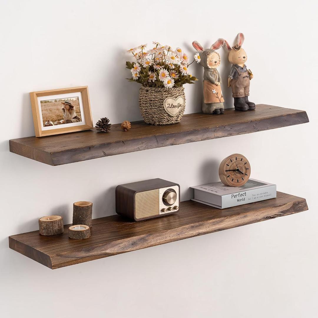 36" Live Edge Floating Shelves Set of 2, Solid Elm Wood, Vintage, 36"L, 2-Pack