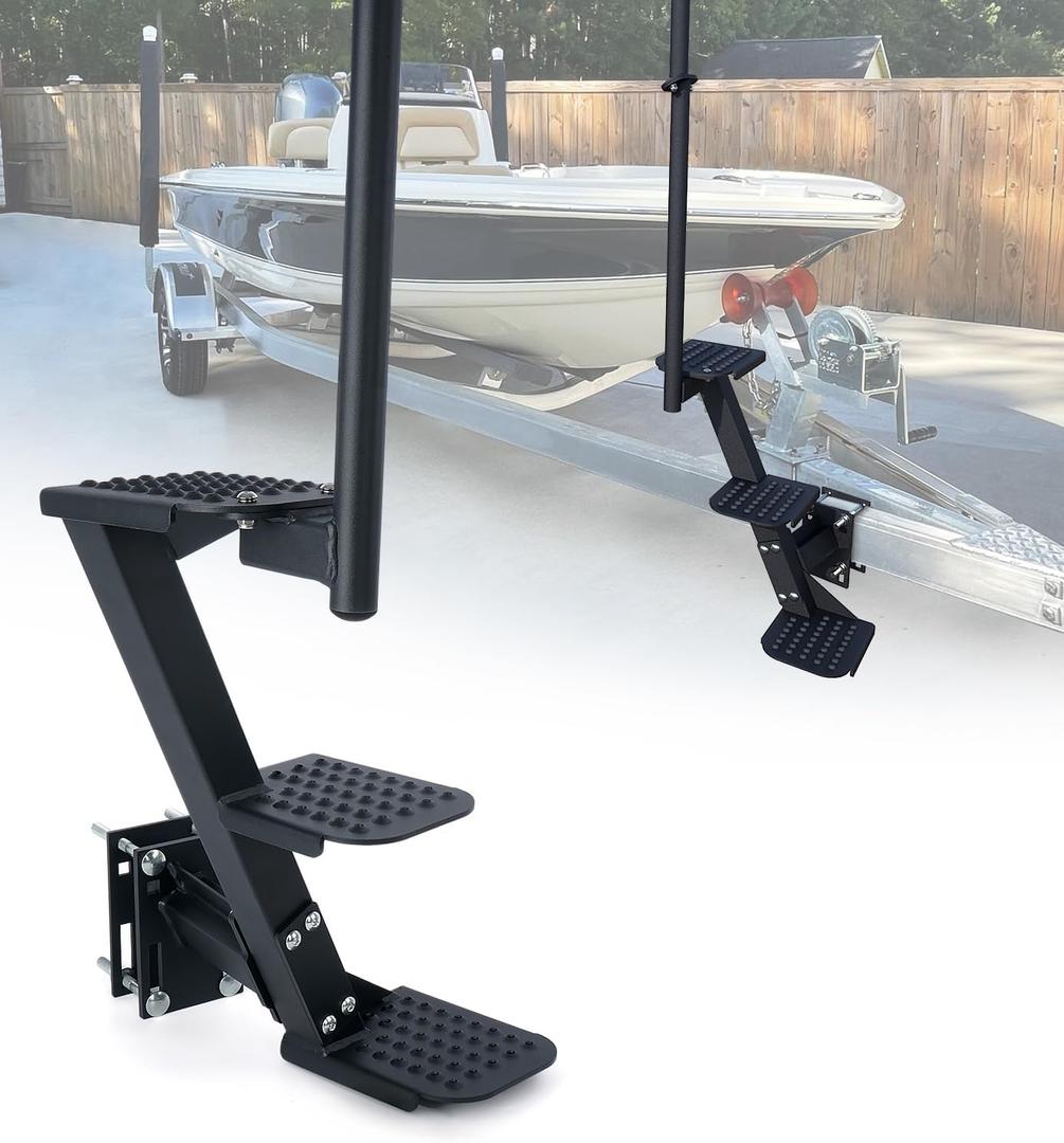 Boat Trailer Steps, Heavy Duty Trailer Tongue Steps with Handle, Universal Fit for 3" x 3", 4" x 4" & 3" x 5" (3 Step, Textured Tread)