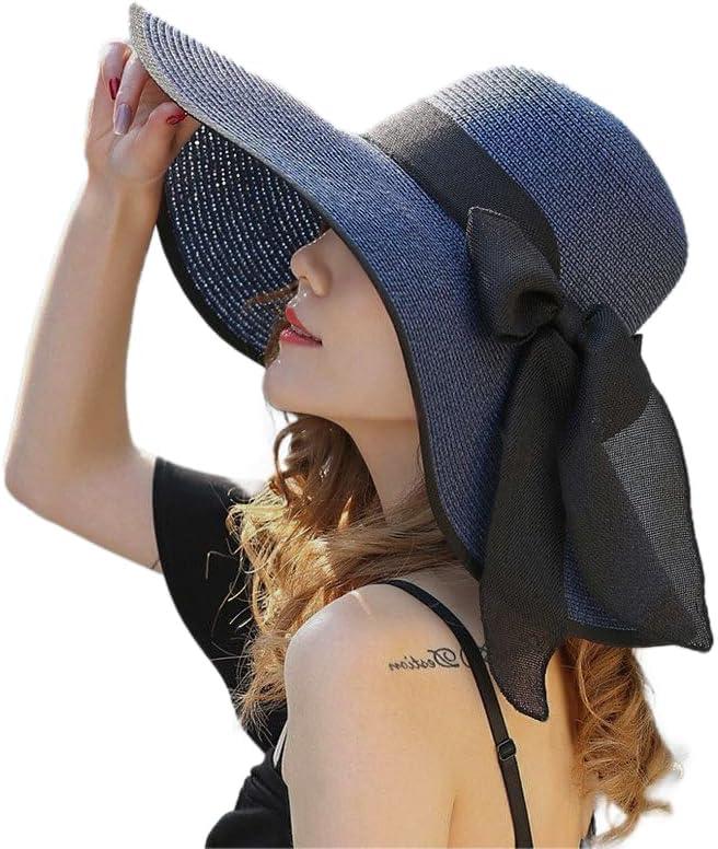 YQHMT Women Beach Sun Hats, Big Wide Brim Straw Hat for Women UPF 80+ UV Protection, Summer Hats Packable Foldable (Dark Blue)