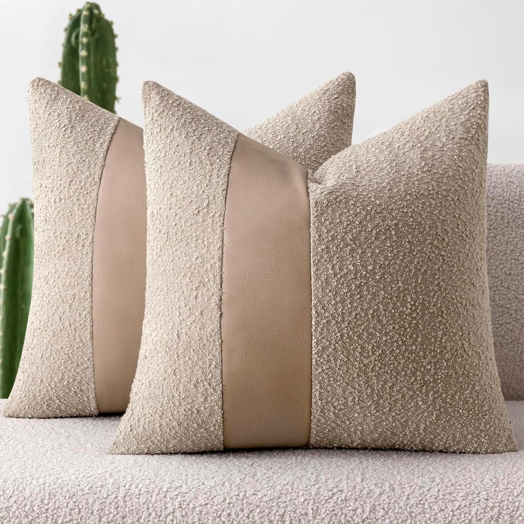MIULEE Boucle Throw Pillow Covers 20x20 Inch Set of 2 Oatmeal Faux Leather Textured Decorative Pillow Cases Boho Farmhouse Accents Cushion Covers for Couch Bed Livingroom Home Decor