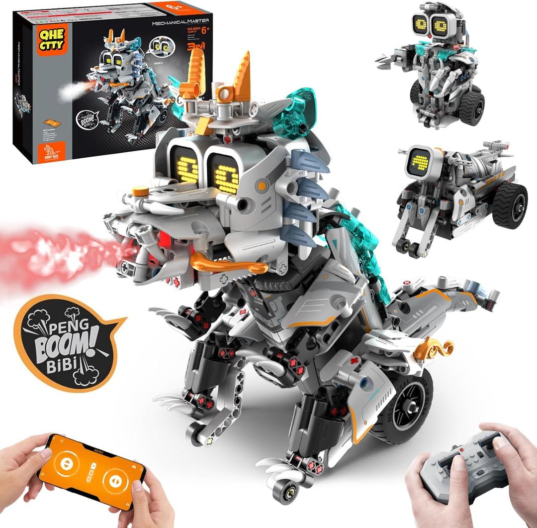 STEM Building Toys for Kids 6-14, Remote & APP Controlled 3in1 STEM Dinosaur Motorcycle Robot Building Kit for Kid with Music Spray, 646 Pcs Building Blocks Set Birthday Xmas Gift Ideas for Boys Girls (Grey Black-3in1)
