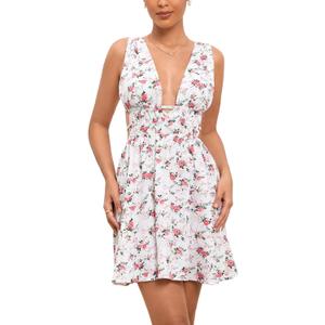 Floerns Women's Cut Out Backless Sleeveless Shirred Floral A Line Short Dress (S)