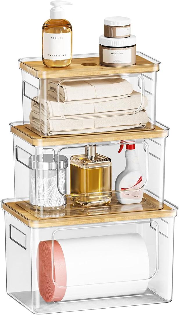 Under Sink Organizer,Plastic Bag Holder Dispenser,Stackable Pantry Laundry Room Home Organization,Bamboo Lid Potatoes Onions Storage Container for Kitchen,Set of 3 for 13/30/33 Gallon Bags