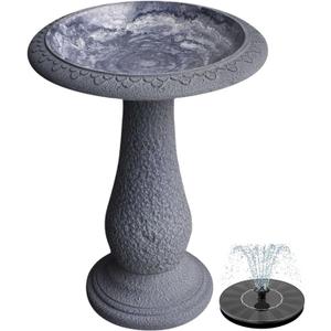 Pedestal Birdbath with Solar Fountain, Resin Stone Composite Outdoor Garden Decor, Standing Bird Bath for Outside Patio Yard, 23-Inch Tall, Garden Fountain, Resin Bird Baths, Hummingbird Bowl (Weathered White)