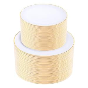 KIRE 200PCS Gold Plastic Plates - Disposable Plates for Party - White Plastic Plates with Gold Rim Include 100 for Dinner and 100 for Dessert/Salad in Wedding/Party/Spring/Graduation