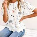 LOLONG Womens Short Sleeve Printed Tops Summer 2026 Crew Neck Color Block Casual Blouses (White, L)