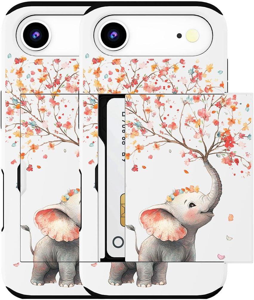 Compatible for iPhone 17 Air Case with Card Holder Cute - Kawaii Design Military-Grade Drop Protection Rugged Wallet Cases for Women (White Elephant Spraying Flowers)