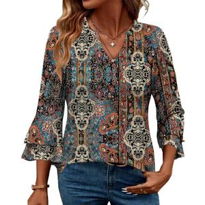 IEEILULU 3/4 Length Sleeve Womens Tops V Neck Tunics Ruffle Sleeve Tops Blouses for Women Dressy Casual (Blue, M)