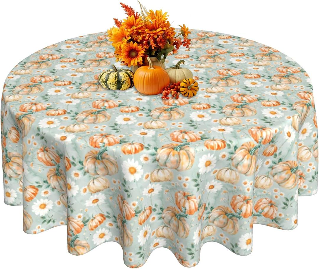 Thanksgiving Round Tablecloth 60 Inch Pumpkin Daisy Pattern Waterproof Dining Table Cover for Autumn Thanksgiving Heat Resistant Kitchen Decor Reusable Harvest Party Table Cloth