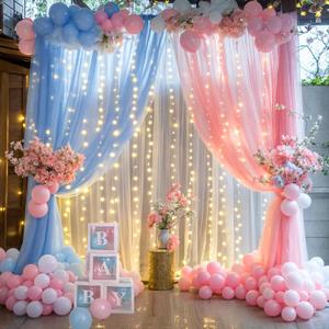 Pink Blue Sheer Tulle Backdrop Curtains with Lights String for Gender Reveal Baby Shower Decorations for Boy or Girl Birthday Party Photo Shoot Backdrop Background Decorations 2 Panels 58ft