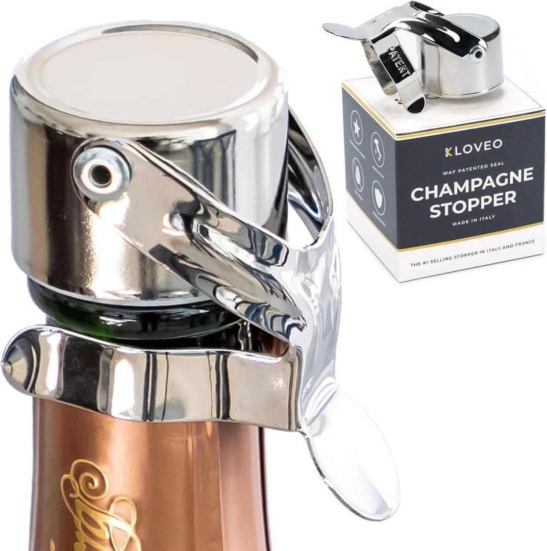 KLOVEO Champagne Stoppers - Patented Seal - Made in Italy - Professional Grade WAF Champagne Bottle Stopper - Prosecco, Cava, and Sparkling Bottle Stopper (Chrome)