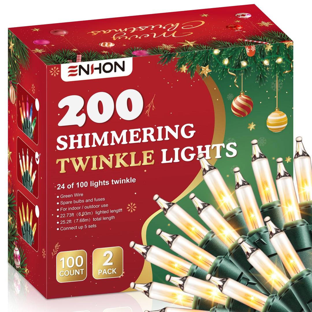 Enhon 4 Pack Twinkling Christmas Lights, 101.6 FT 96 of 400 Random Twinkle Bulbs, Christmas String Lights Connect up to 5 Set, Waterproof Outdoor Indoor Decorations (White)