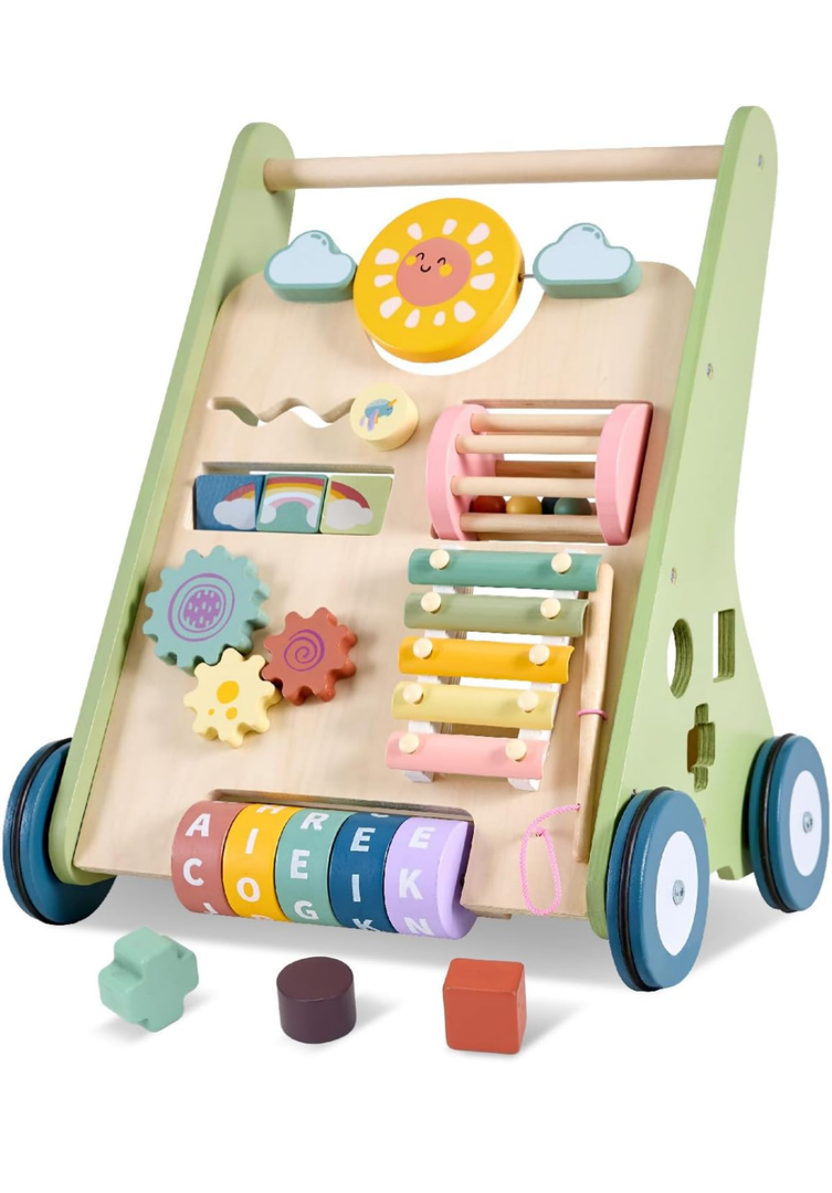 Baby Push Walker, Wooden Baby Walker with Wheels, Montessori Push Walker for Babies 10-12 Months, Adjustable Speed Push Walking Toys for Boys&Girls 1 Year Old, Christmas Birthday Gifts for Toddler, green