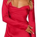 HYPERFIRE Women's Elegant Satin Long Sleeve Dresses Cowl Neck Wedding Cocktail Mini Short Dress Party Club Red X-Small
