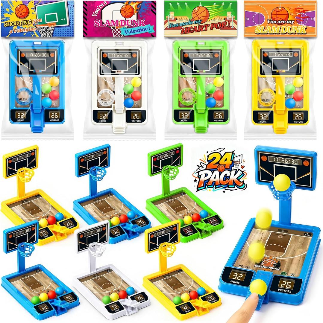 Valentines Day Gifts for Kids Classroom, 24 Pack Valentines Day Cards with Basketball Shooting Game, Basketball Toy for School Valentines Exchange Prizes, Valentines Party Favors for Boys Girls