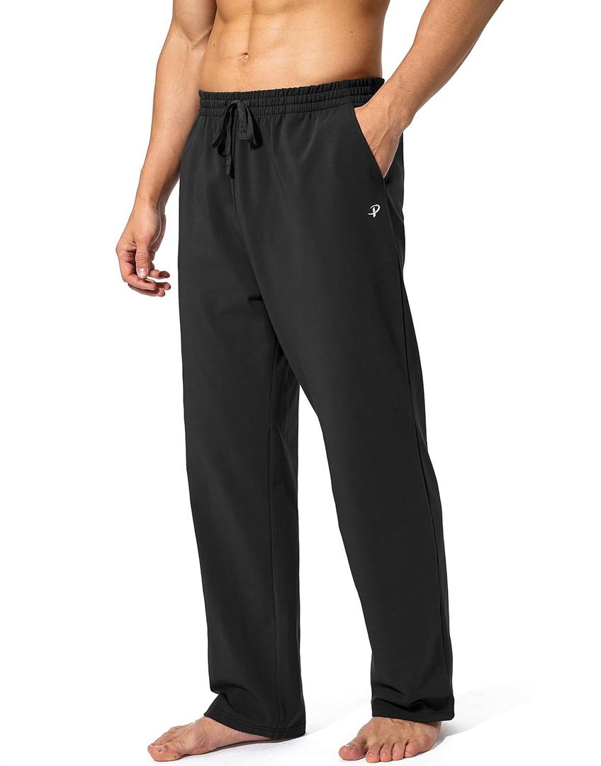 Pudolla Men's Cotton Yoga Sweatpants Athletic Lounge Pants Open Bottom Casual Jersey Pants for Men with Pockets (Large, Black)