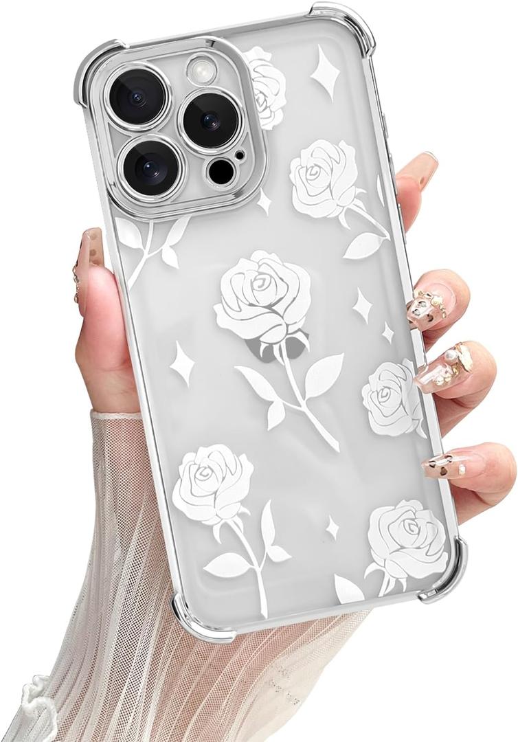 Yeddabox for iPhone 13 Pro Max Case Flower, Luxury Electroplated Floral Cover Shockproof Protection Slim Soft TPU Case for iPhone 13 Pro Max for Women Girls, Sliver